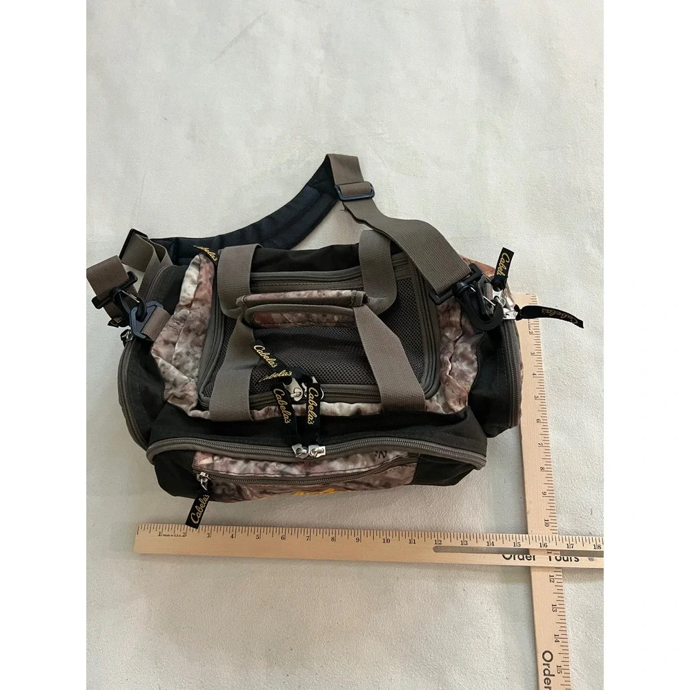 Cabelas Fishing Tackle Bag Camo Black Canvas Shoulder Strap Multi Pocket Storage
